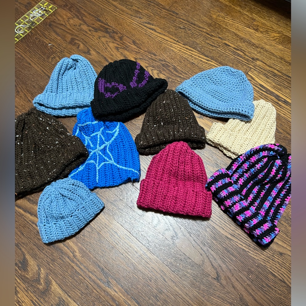 Various handmade crocheted hats